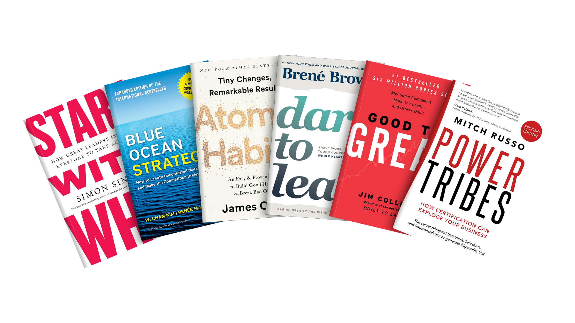 Six bestselling nonfiction books arranged in a wide fan: Start With Why, Blue Ocean Strategy, Atomic Habits, Dare to Lead, Good to Great, and Power Tribes.
