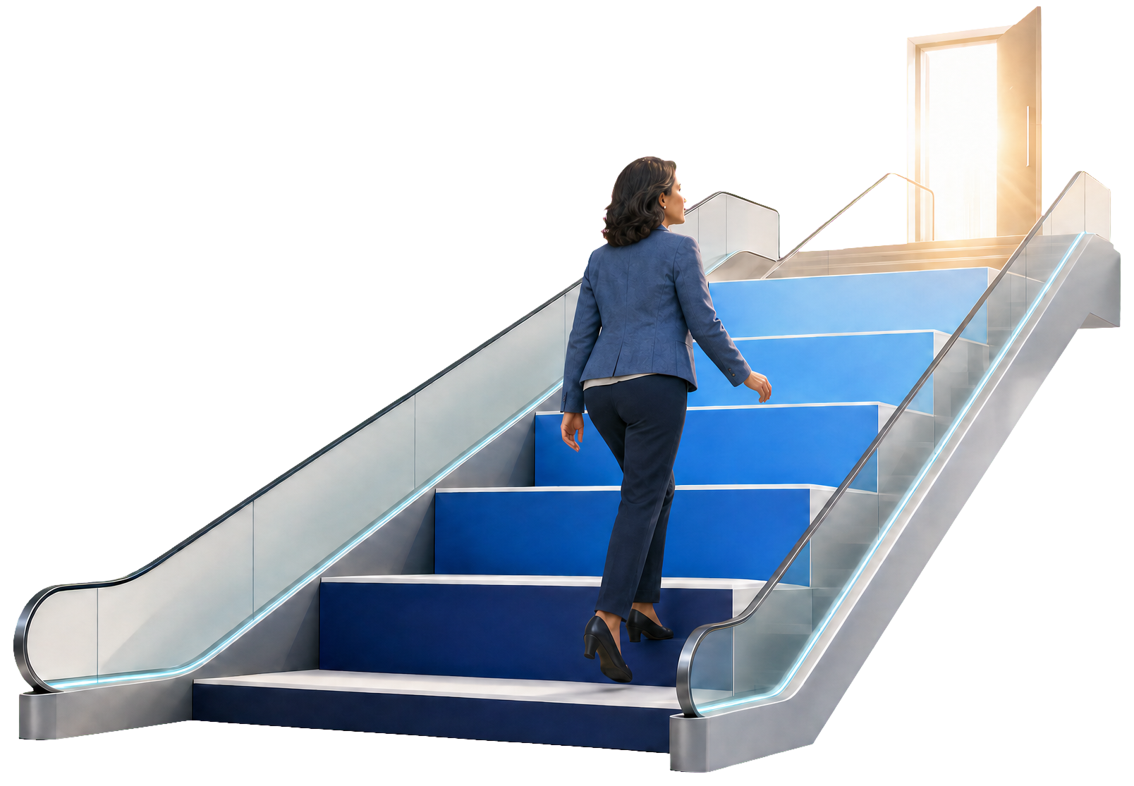 A middle-aged businesswoman in business-casual clothing ascending five blue stages toward an open doorway filled with sunlight.