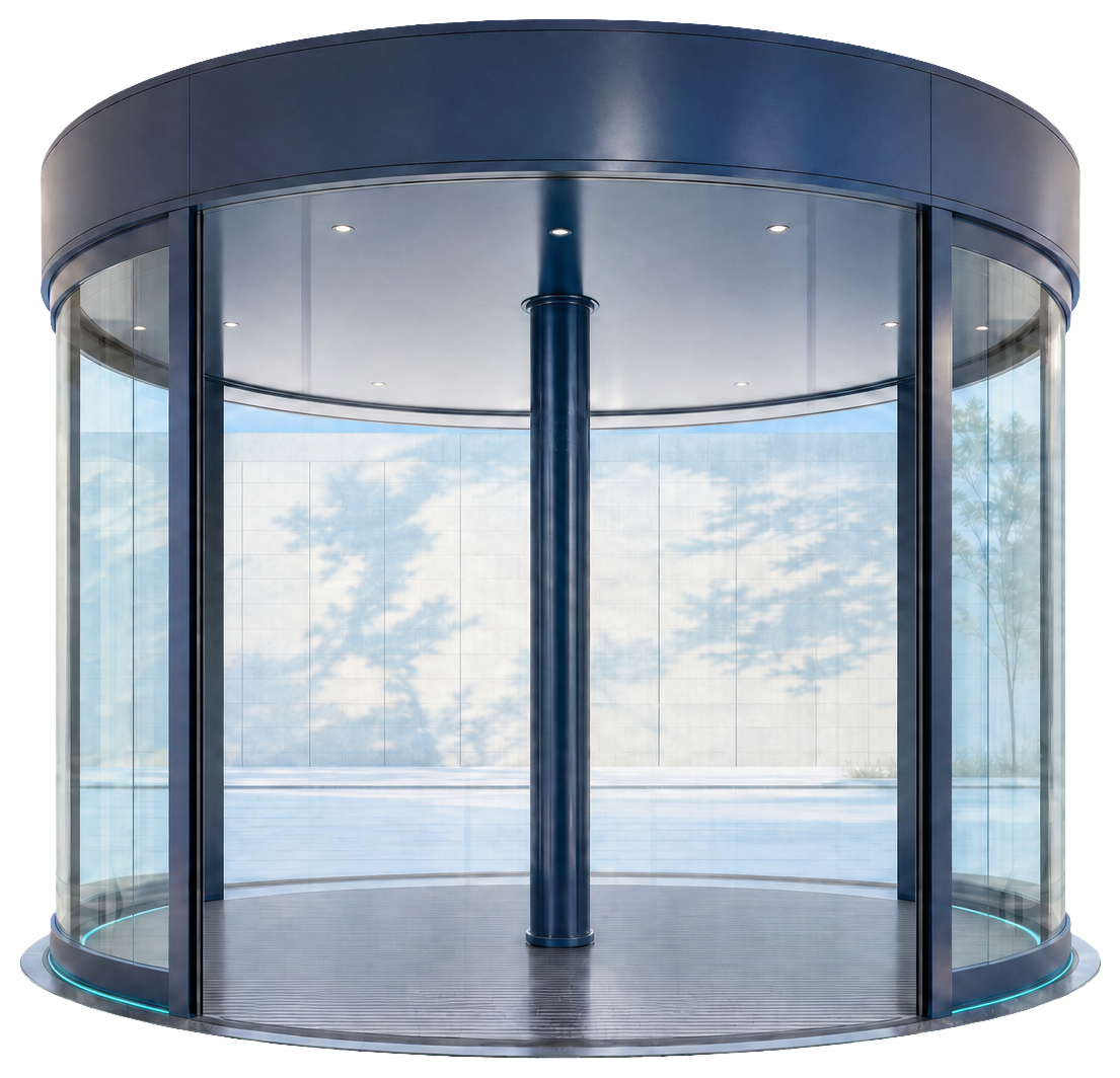 A contemporary glass revolving door within a bright modern lobby and exterior courtyard.